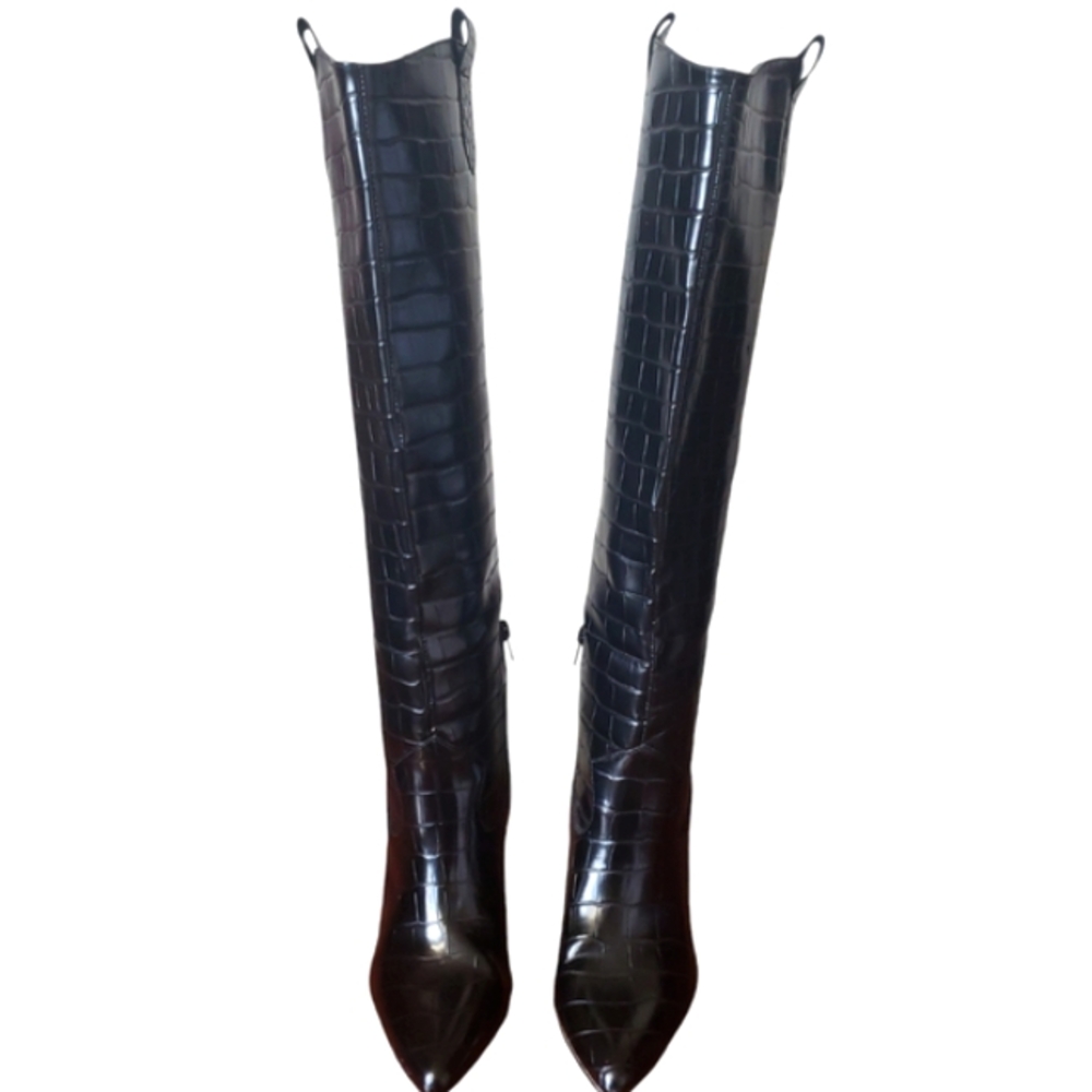 Shu Shop Black Croc Fitted Over-Knee Pointed Heeled Boots Women's Size 9 - Picture 4 of 17